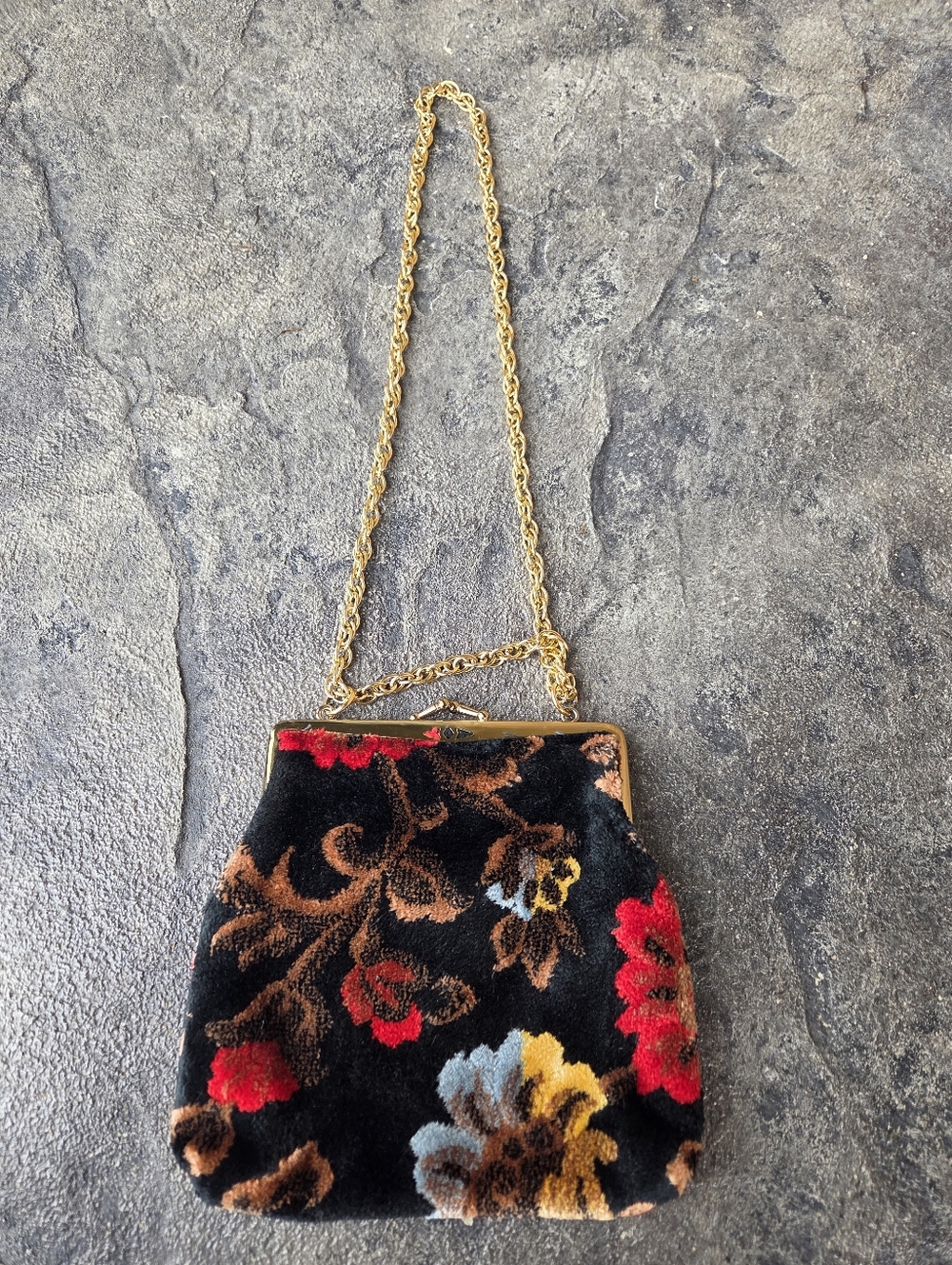 Gold-Handle Black Floral Chenille Velvet Carpet Evening Bag - Picture 3 of 9